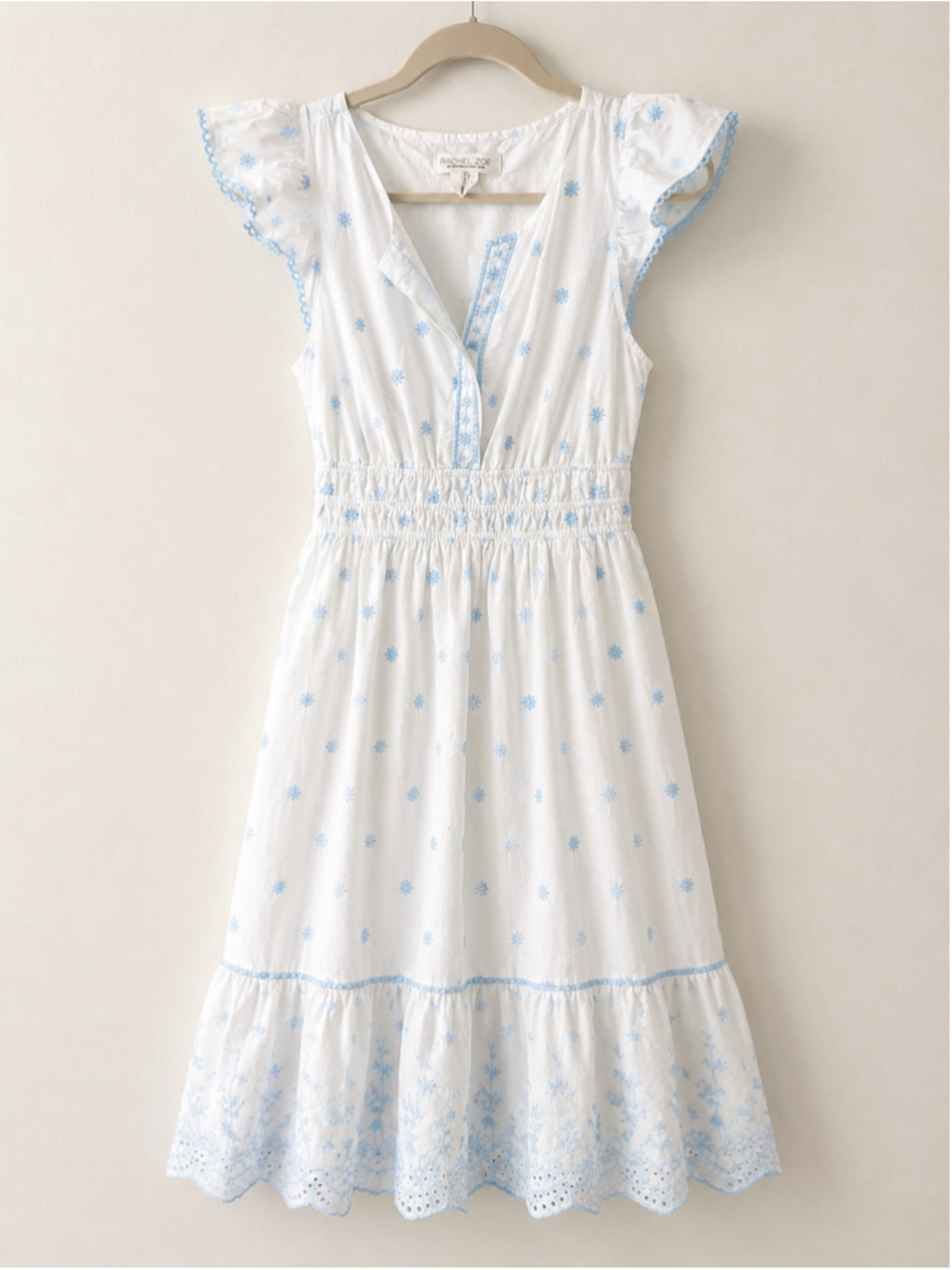 Rachel Zoe White Blue Embroidered Cotton Midi Dress Cottagecore Size 4